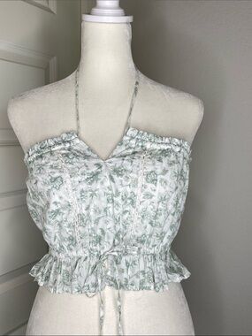 Hollister White & Sage Floral Strapless Smocked Crop Top